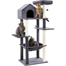 60 InchMulti-Level Cat Tree For Indoor Cats With Plush Hammock, Cozy Cat House, Scratching Post, Top Perch And Two Hanging Balls (Option: 60inch)